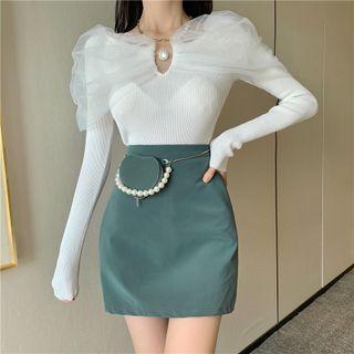 Long-sleeve Mesh Shawl Top / Mini A-line Skirt / Waist Bag