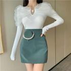 Long-sleeve Mesh Shawl Top / Mini A-line Skirt / Waist Bag