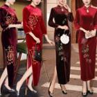 Traditional Chinese 3/4-sleeve Velvet Midi Dress