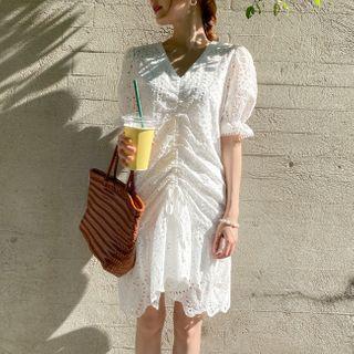 Puff-sleeve Drawstring-front Eyelet-lace Dress Ivory - One Size
