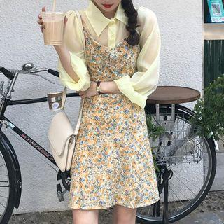 Light Shirt / Flower Print Spaghetti Strap A-line Dress