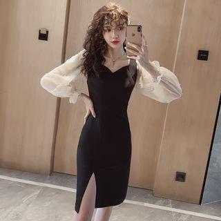Chiffon-sleeve Faux Pearl Slit Sheath Dress