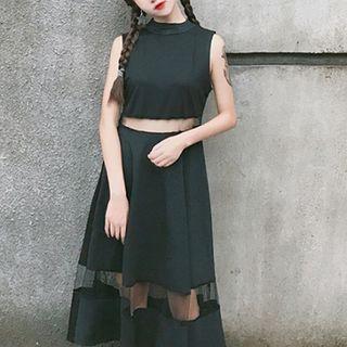 Mesh Panel Sleeveless A-line Midi Dress