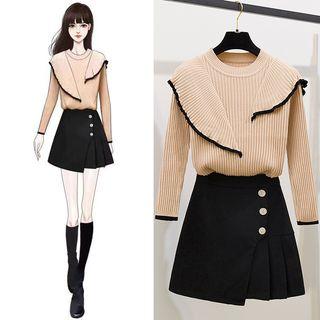 Contrast Trim Ruffle Sweater / Mini A-line Skirt / Set