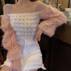 Off-shoulder Sequined Furry Knit Top Pink & White - One Size