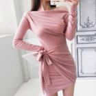 Long-sleeve Cold-shoulder Tie-waist Mini Bodycon Dress