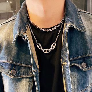 Geometric Pendant Stainless Steel Necklace 2 Layer - Silver - One Size