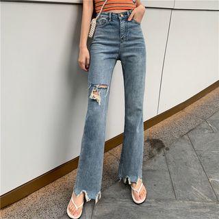 Frayed Hem Ripped Boot Cut Jeans