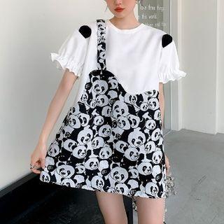 Short-sleeve Panda Print Frill Trim Mini A-line Dress