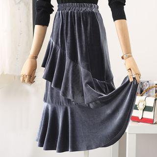 High-waist Ruffled-trim Velvet Midi Skirt