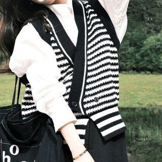 Striped Button-up Sweater Vest / Long-sleeve Shirt / Set