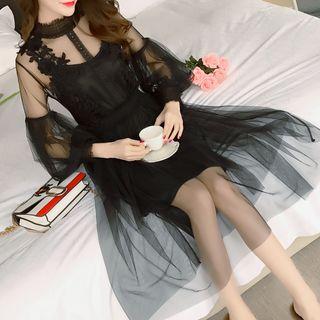Embroidered Mesh Long-sleeve A-line Midi Dress