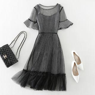 Set: Sleeveless Gingham A-line Dress + Elbow-sleeve Mesh Midi Dress