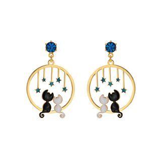 Simple And Cute Plated Gold Cat Enamel Earrings With Blue Cubic Zirconia Golden - One Size