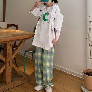 Plaid High-waist Wide-leg Pants / Elbow-sleeve Lettering T-shirt