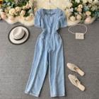 Short-sleeve Square-neck Straight-cut Denim Jumpsuit