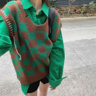 Long-sleeve Plain Loose-fit Shirt / Check Knit Vest