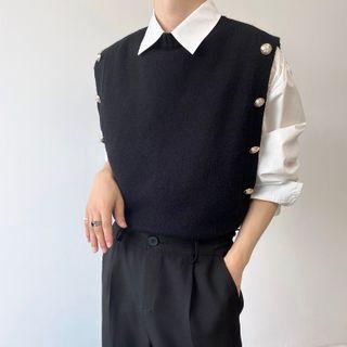 Button Accent Sweater Vest Black - One Size