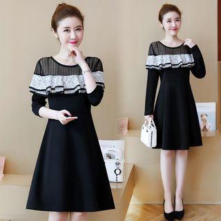 Mesh Panel Ruffled A-line Dress