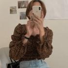 Puff-sleeve Leopard Print Blouse Khaki - One Size