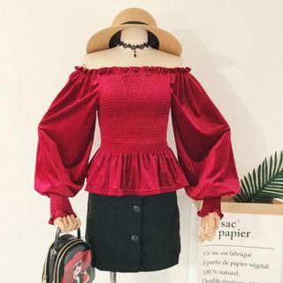 Off-shoulder Balloon-sleeve Smocked Velvet Top