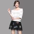 Set: Elbow-sleeve Top + Embroidery Skirt