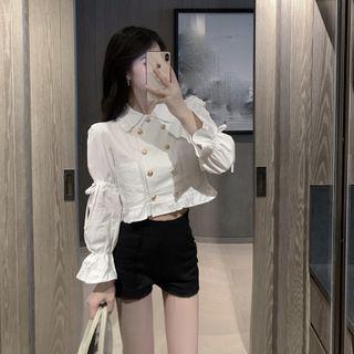 Long-sleeve Buttoned Crop Blouse / Plain Shorts