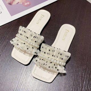 Faux Pearl Dotted Mesh Flat Slide Sandals