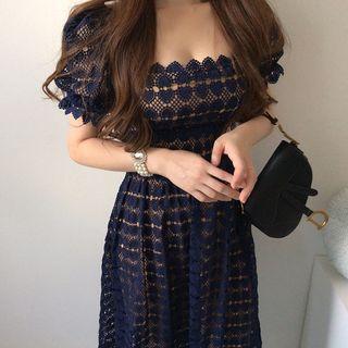 Puff-sleeve Square Neck Lace Midi A-line Dress