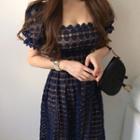 Puff-sleeve Square Neck Lace Midi A-line Dress