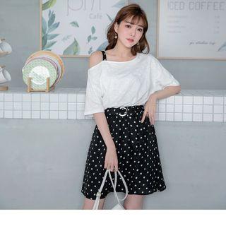 One Shoulder Dot Print Panel A-line Dress