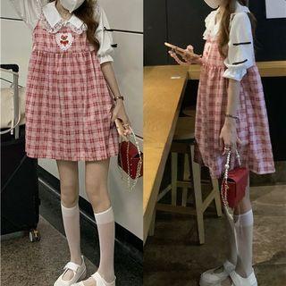Short-sleeve Lace Trim Shirt / Applique Plaid Mini Overall Dress