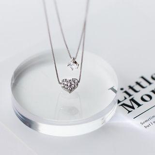 S925 Sterling Silver Rhinestone Heart Layered Necklace