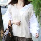 Inset Sleeveless Knit Top Shirred-sleeve Shirt Beige - One Size