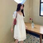 V Neckline Lace Puff-sleeve Dress White - One Size