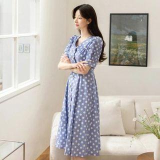 V-neck Faux-peal Midi Dotted Dress