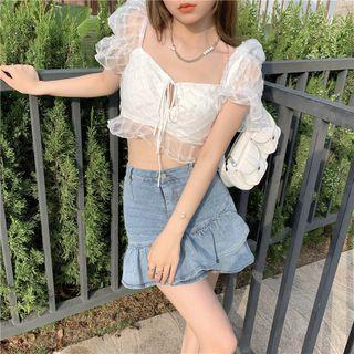 Puff-sleeve Square-neck Mesh Cropped Top / Denim Ruffle Trim Mini Skirt