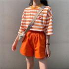 Striped Elbow-sleeve Shirt / Plain Shorts