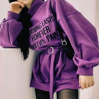 High-neck Letter-embroidered Pullover Dress With Belt
