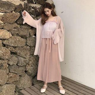 Set: Plain Chiffon Sleeveless Top + Wide-leg Pants / Plain Loose-fit Chiffon Jacket
