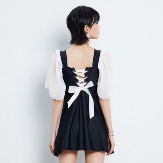 Puff-sleeve Lace-up Back Swimdress