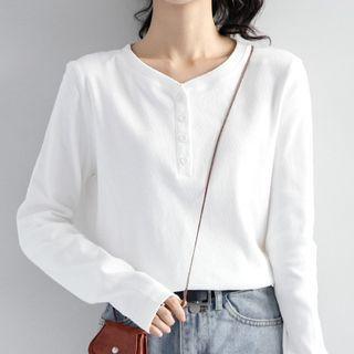 Long-sleeve Half-button Plain T-shirt