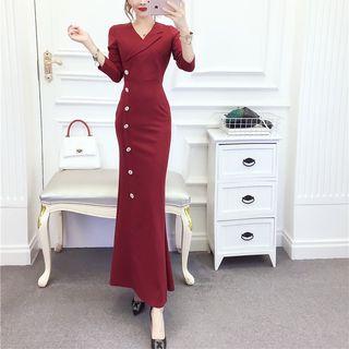 Long-sleeve Buttoned Maxi Sheath Dress