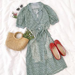 Short-sleeve Floral Chiffon Dress As Shown In Figure - One Size