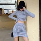 Set: Long-sleeve Crinkled Top + Mini Skirt