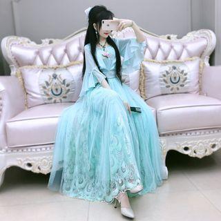 Elbow-sleeve Floral Embroidery Midi Dress Green - S
