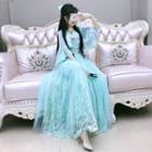 Elbow-sleeve Floral Embroidery Midi Dress Green - S