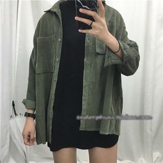 Stand-collar Corduroy Long-sleeved Plain Blouse