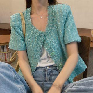 Short-sleeve Tweed Single-breasted Cardigan Green - One Size