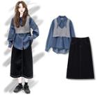 Denim Shirt / Midi A-line Skirt / Knit Vest